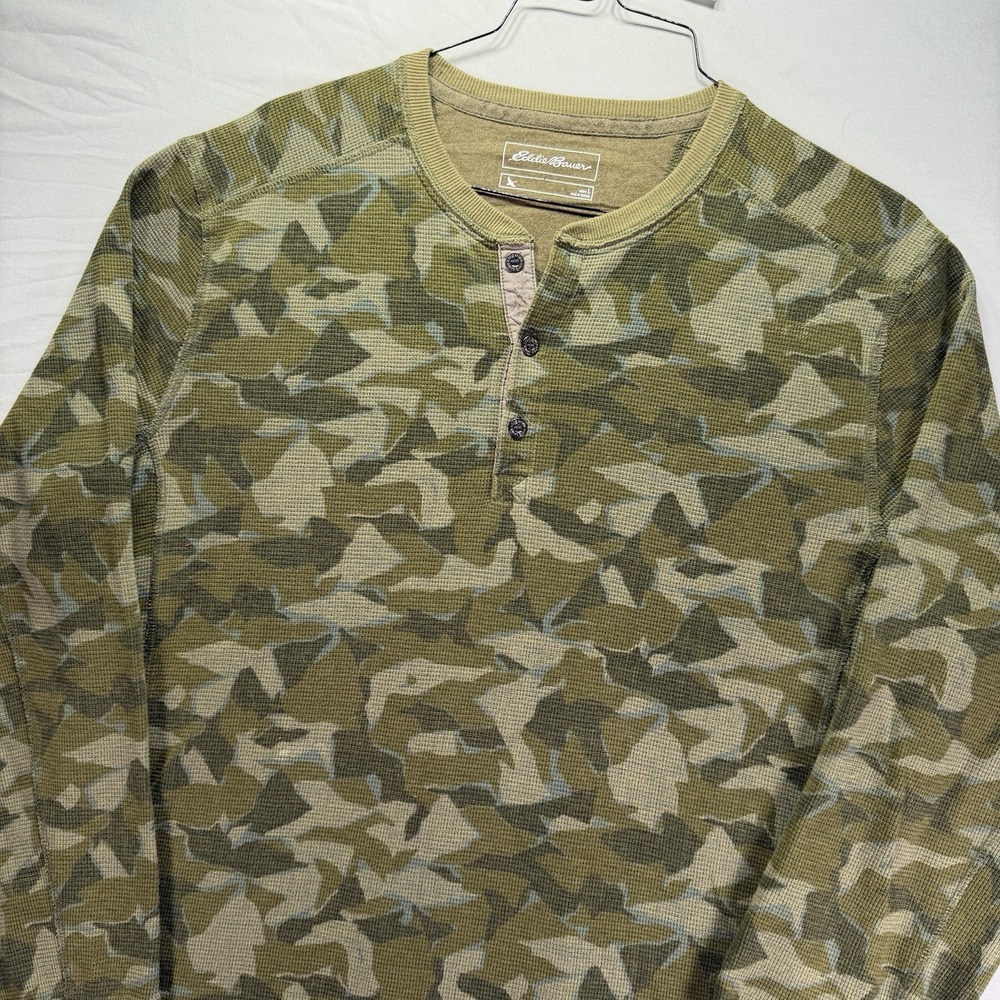 Eddie Bauer Henley Shirt Mens Large Green Thermal Base Layer Outdoors Camp Hike